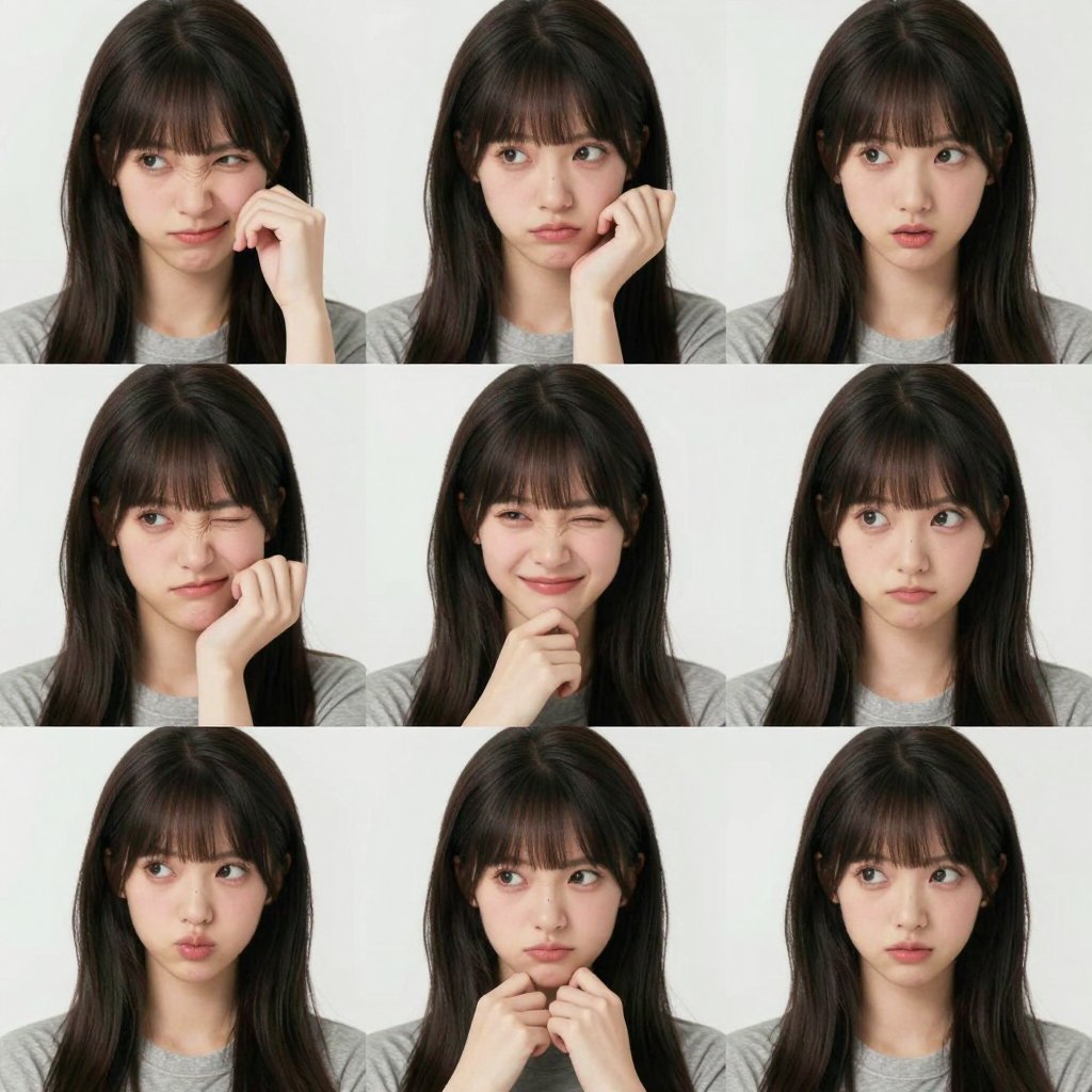 Consistent Expression and Pose 3x3 Photo Grid with Diverse Angles