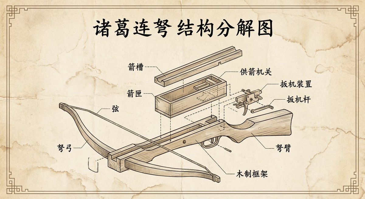 Exploded View of Zhuge Repeating Crossbow in Vintage Style