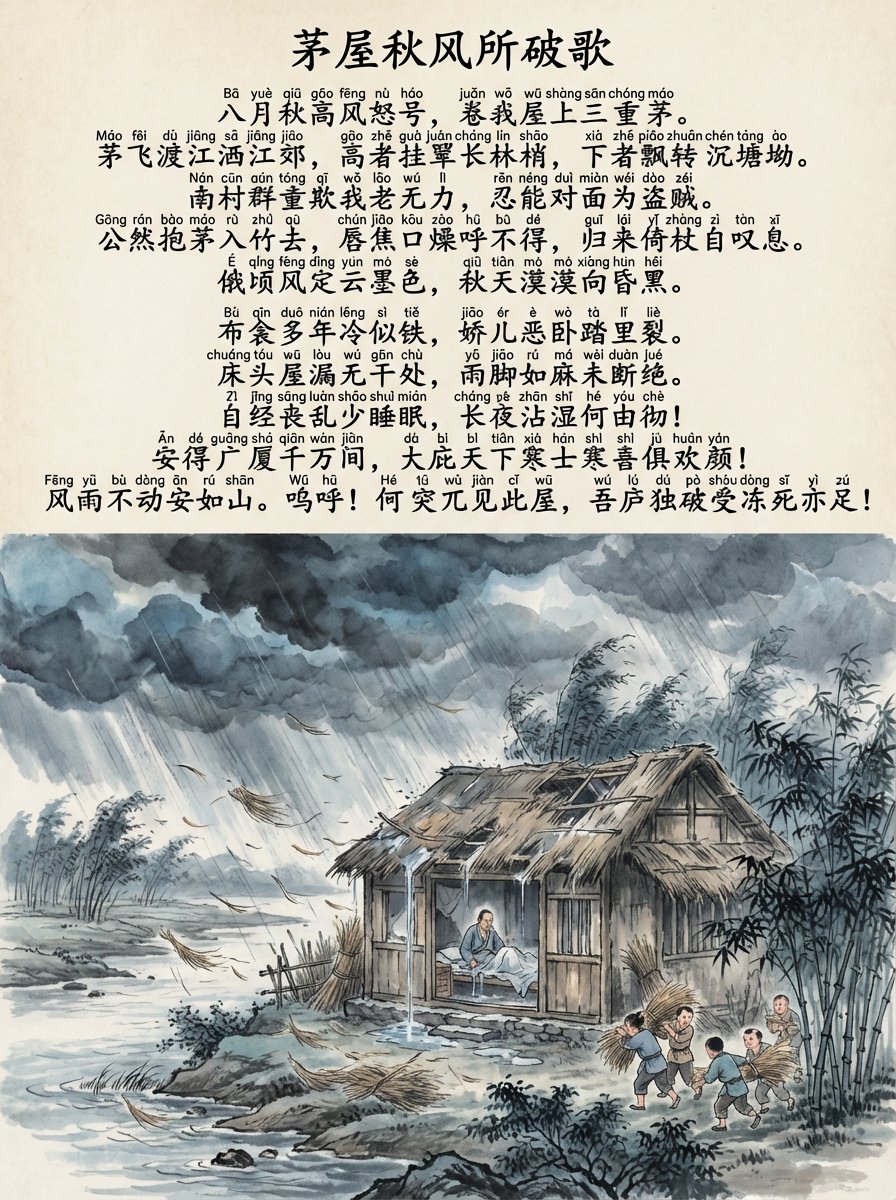 Thatched Cottage in Autumn Wind with Pinyin