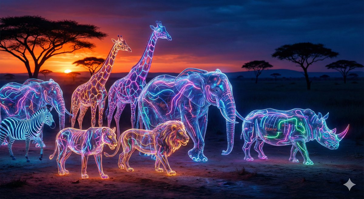 Animals and humans have transformed into neon glass creatures.
