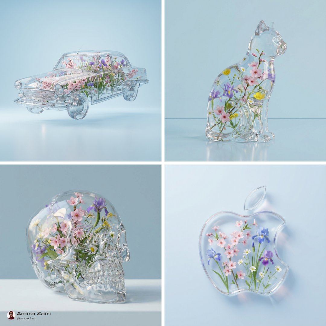 A transparent vessel filled with delicate flowers.