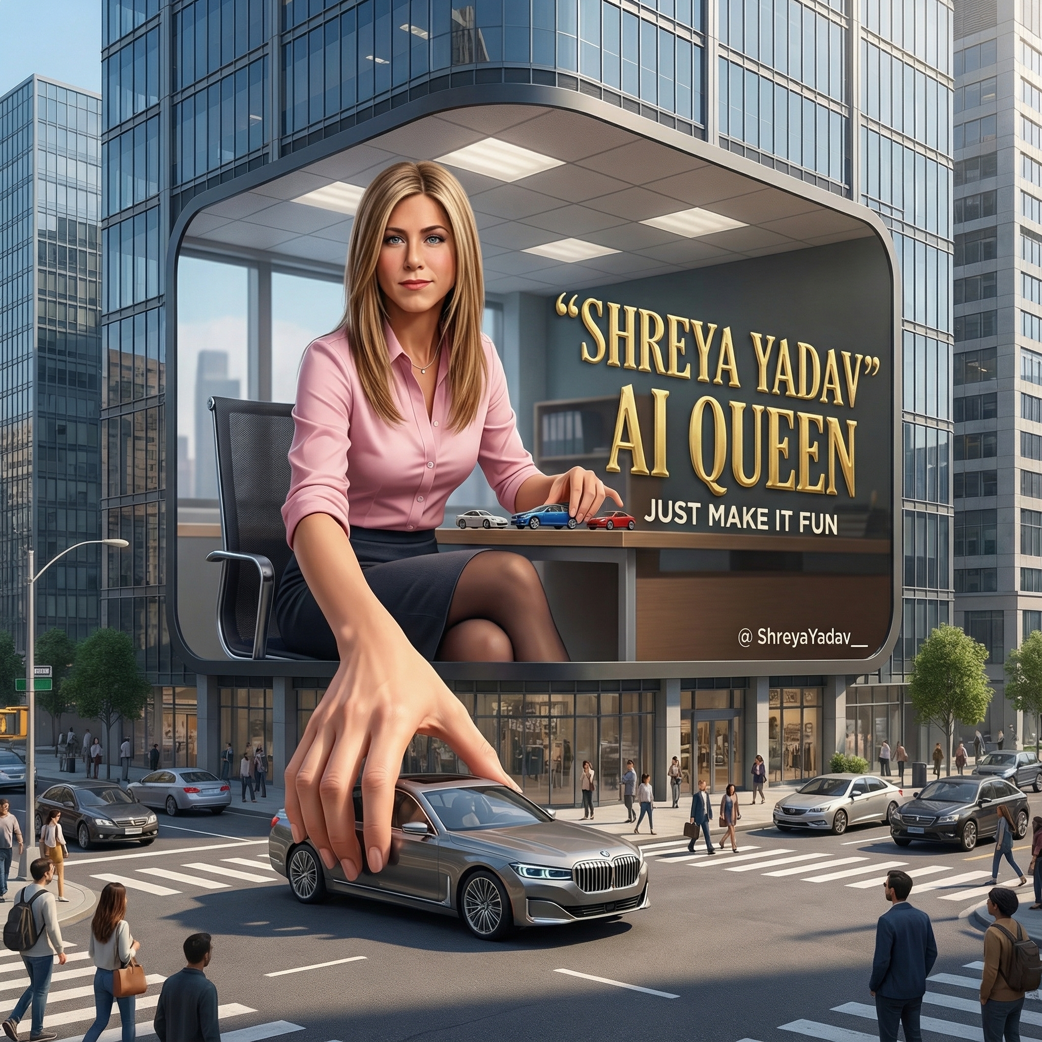 Rachel on giant curved 3D fashion billboard