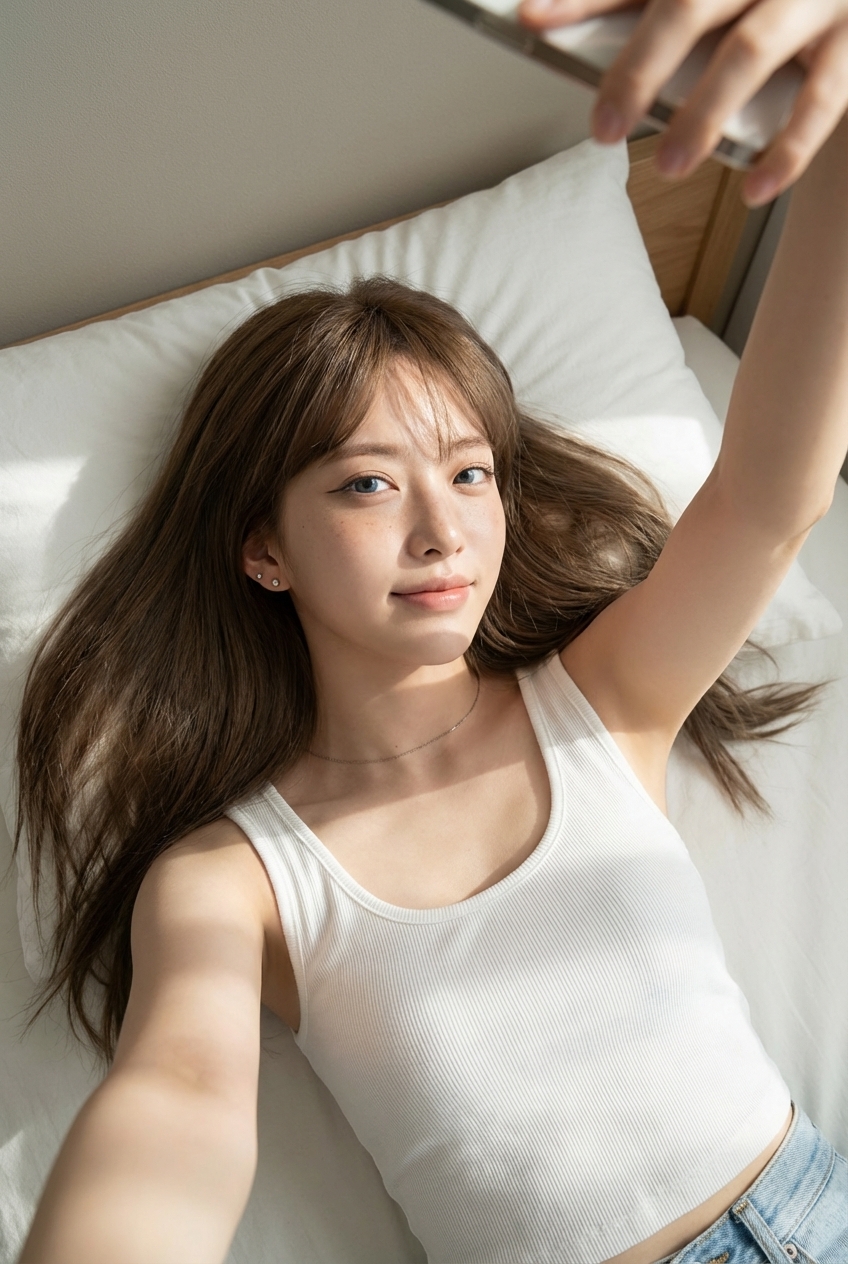 Woman lying on back, right arm extended upward for selfie