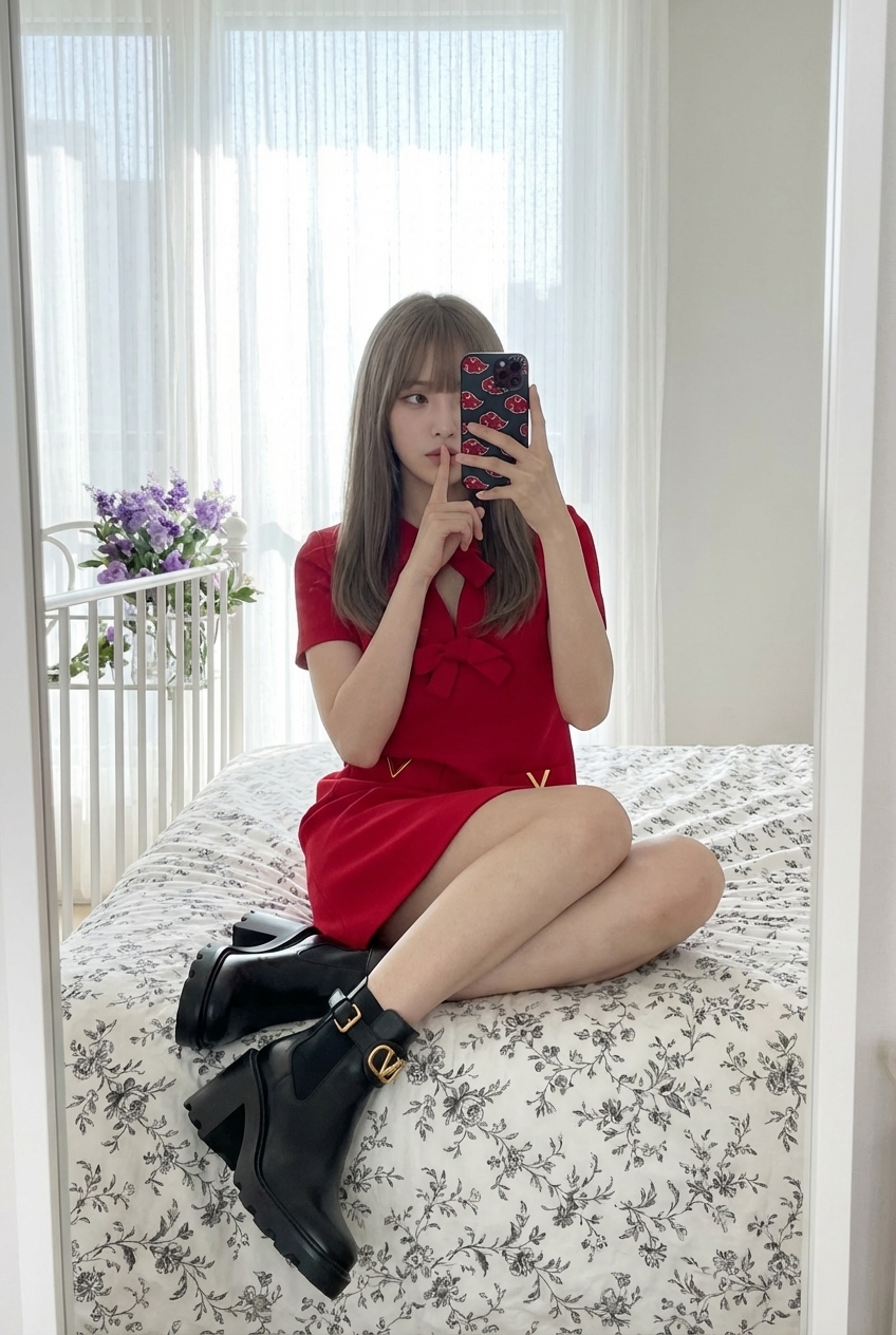Soft Light Mirror Selfie on a Floral Bed