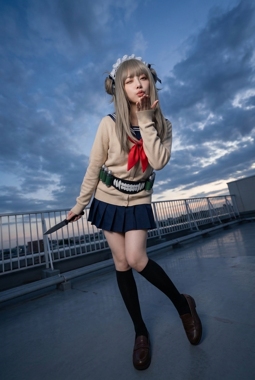 Playful Rooftop Cosplay at Dusk