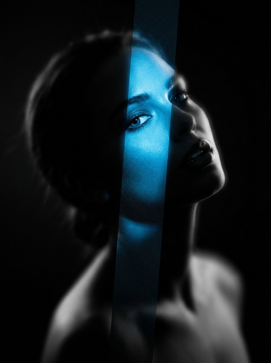 Blue-lit fractured portrait