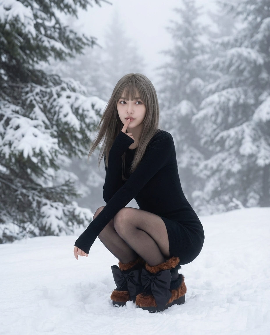 Girl in a Black Dress in a Snowy Forest