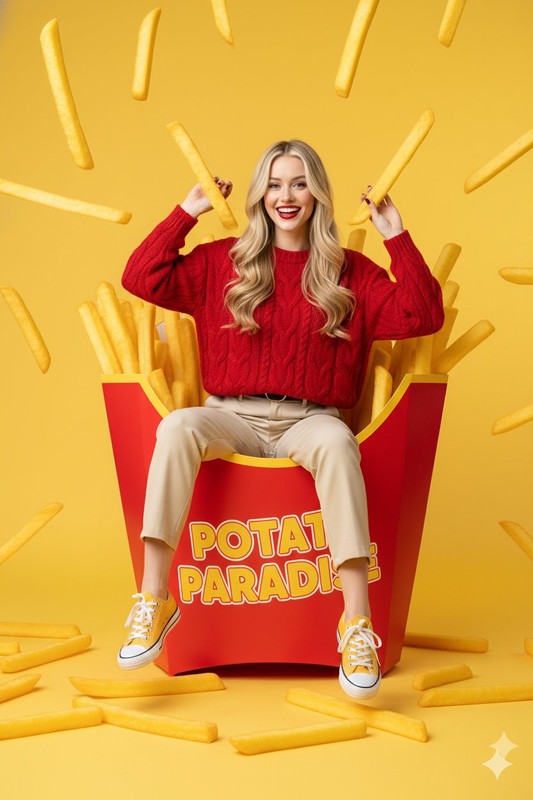 Playful Girl in French Fries Ocean