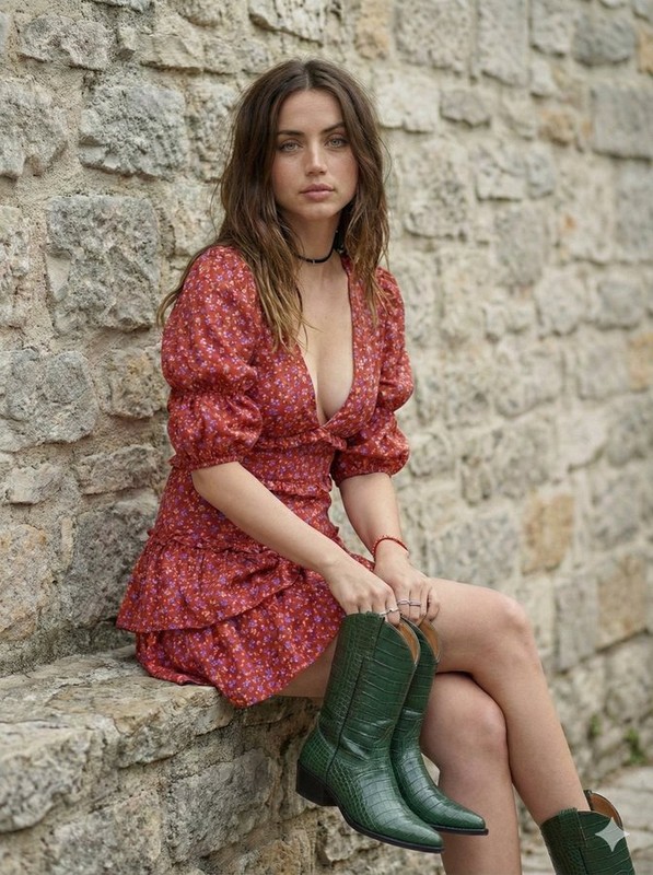 Bohemian Red Dress Girl Against Stone Wall