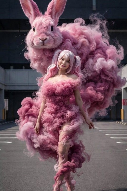 Smoke Pink Dress Girl and Giant Rabbit