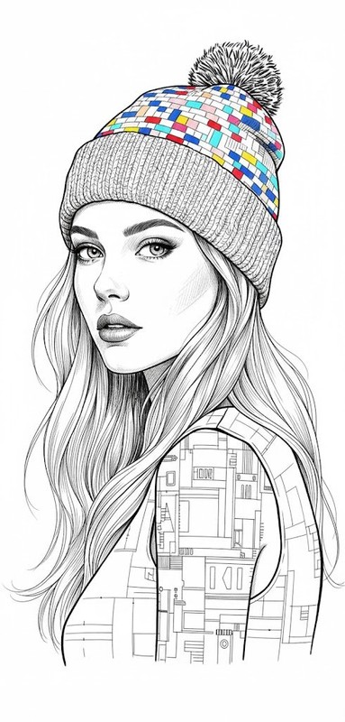 Ultra-detailed Ink Mosaic Beanie Girl