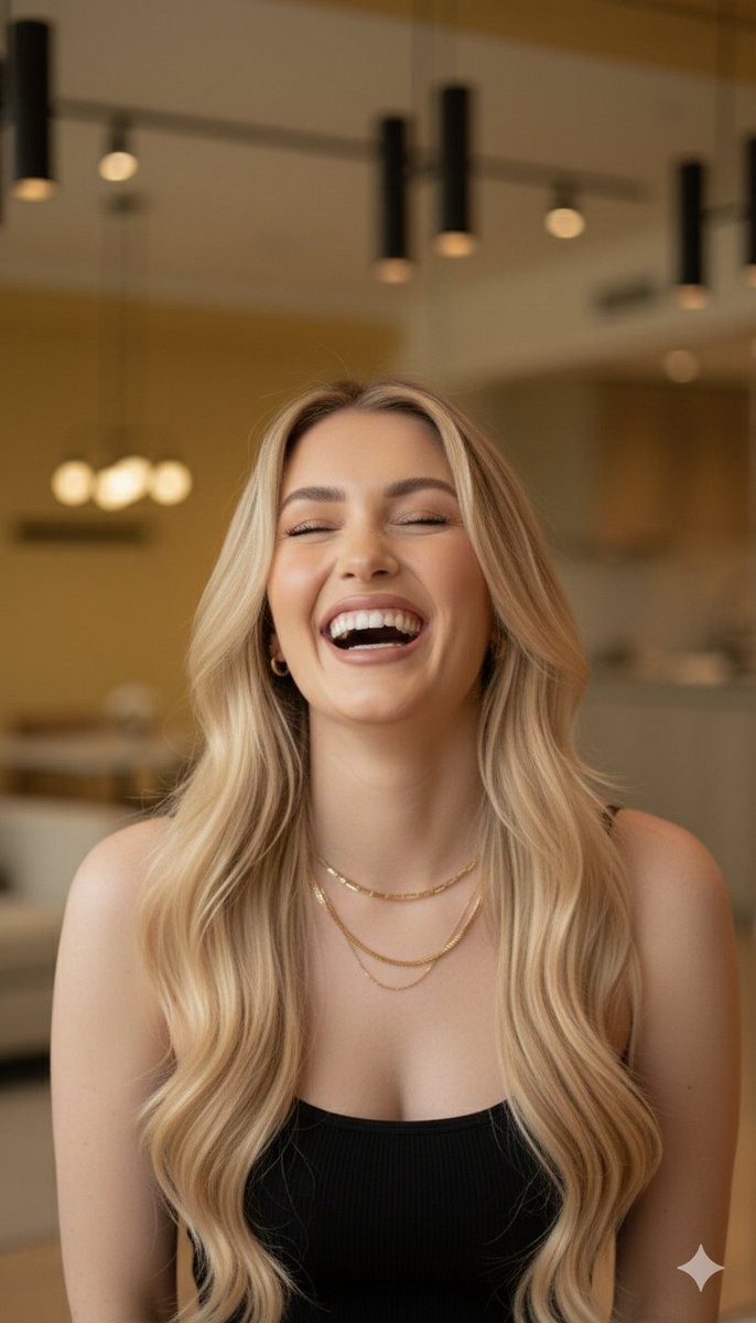 Elegant Golden Hair Woman Home Sofa Triptych