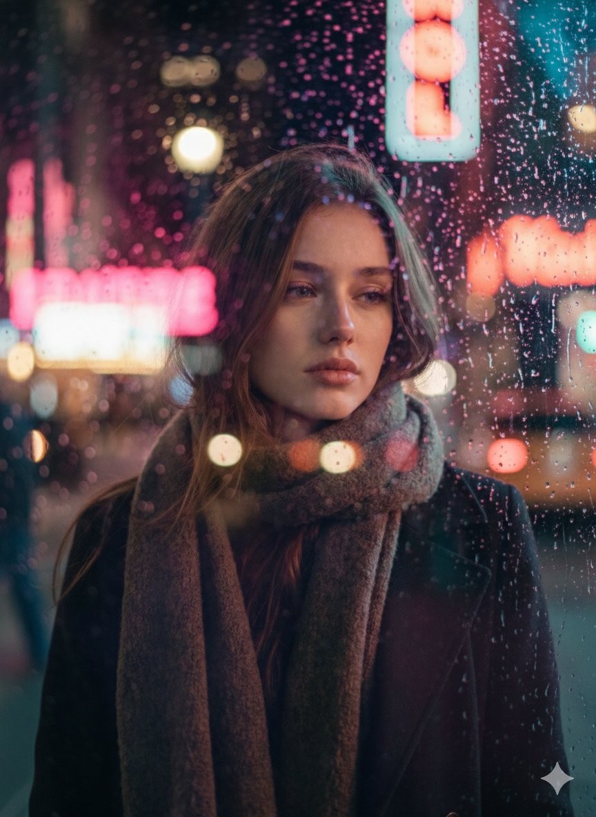 Rainy Night Neon Glass Window Portrait
