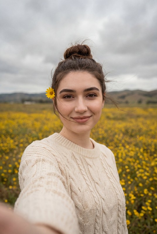 Yellow Wildflower Field Knit Sweater Selfie