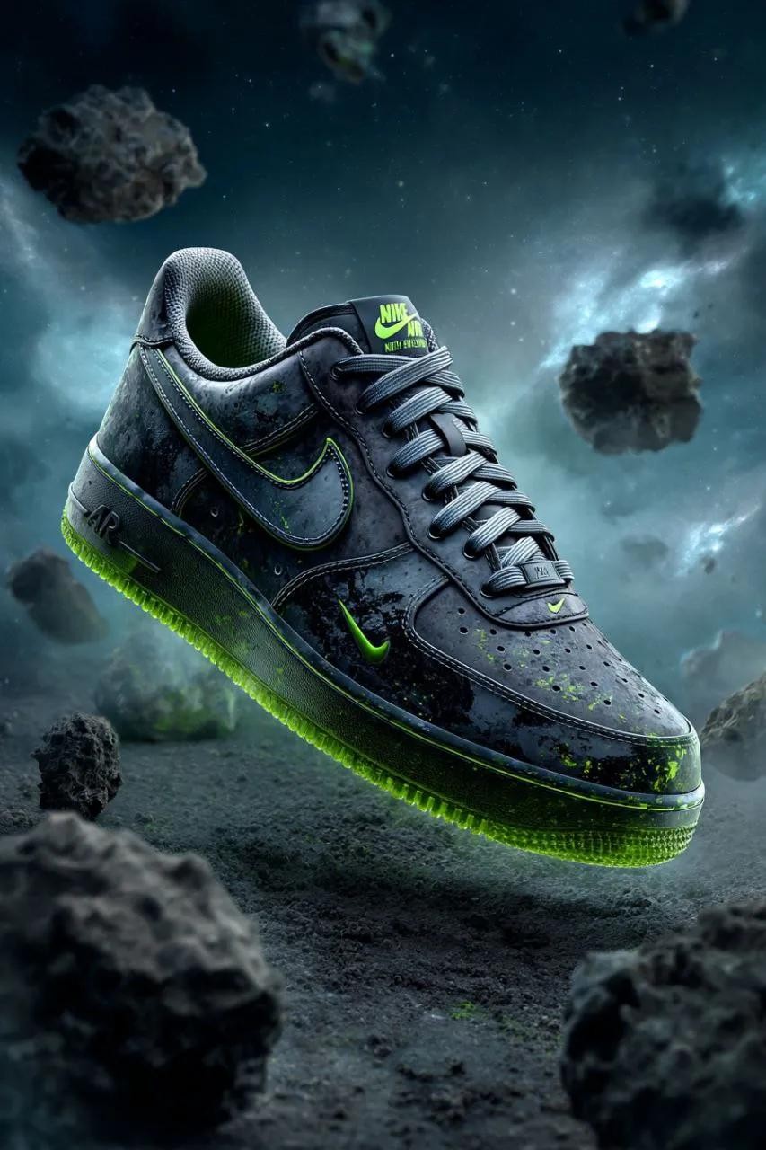 Black Meteorite Nike Shoe Floating in Space