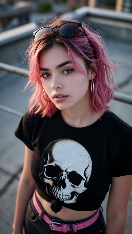 Pink Hair Rooftop Sunset Street Editorial Portrait
