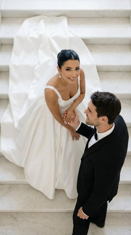 White Marble Staircase Wedding Overhead Editorial