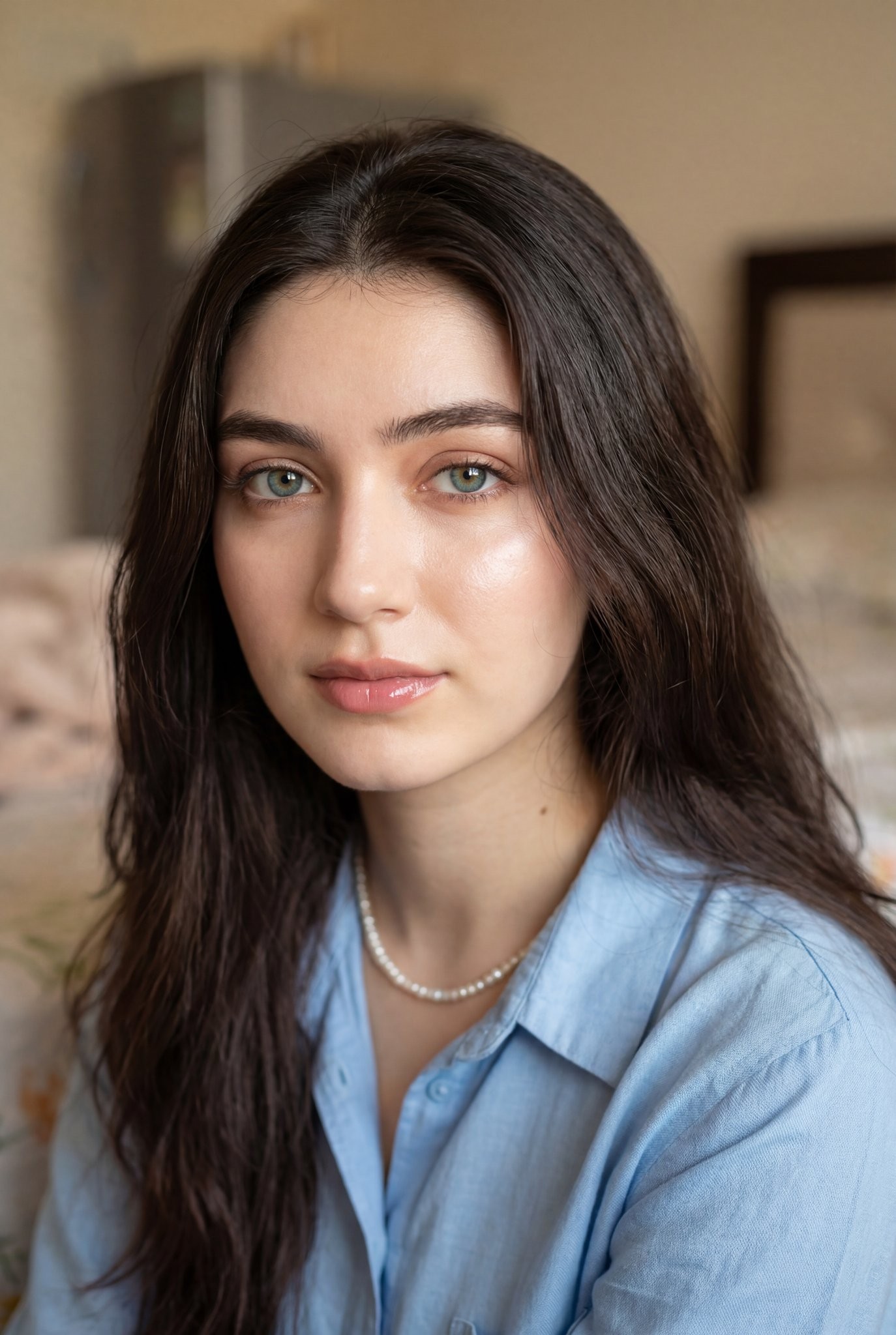 Blue-Eyed Pearl Necklace Indoor Soft Light Close-Up Portrait
