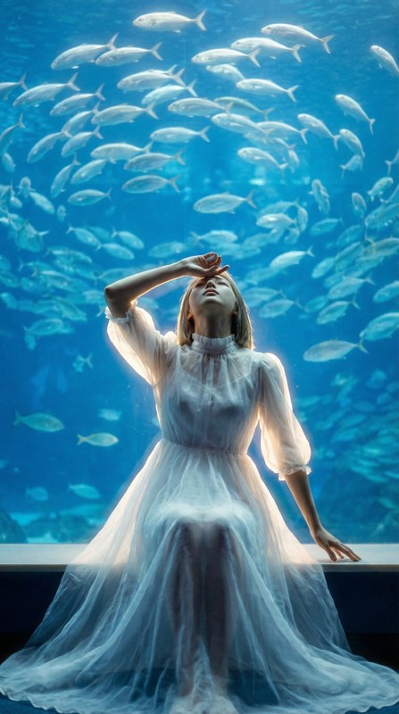 Aquarium Blue Light White Dress Upward Gaze Dreamy Portrait