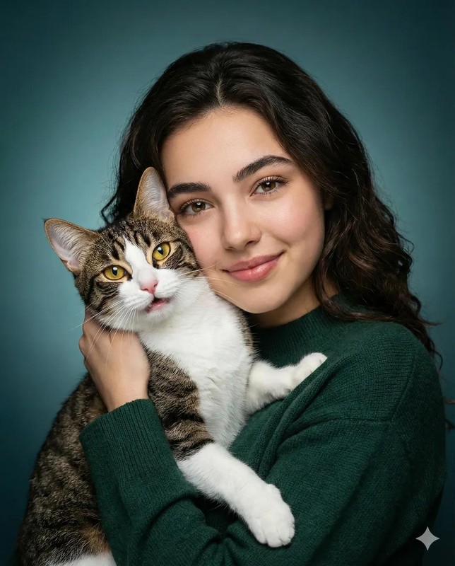 Warm Studio Portrait of Girl Hugging Tabby Cat