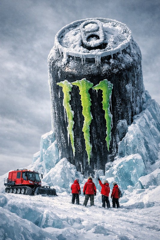 Monumental Monster Energy Can in Arctic Ice