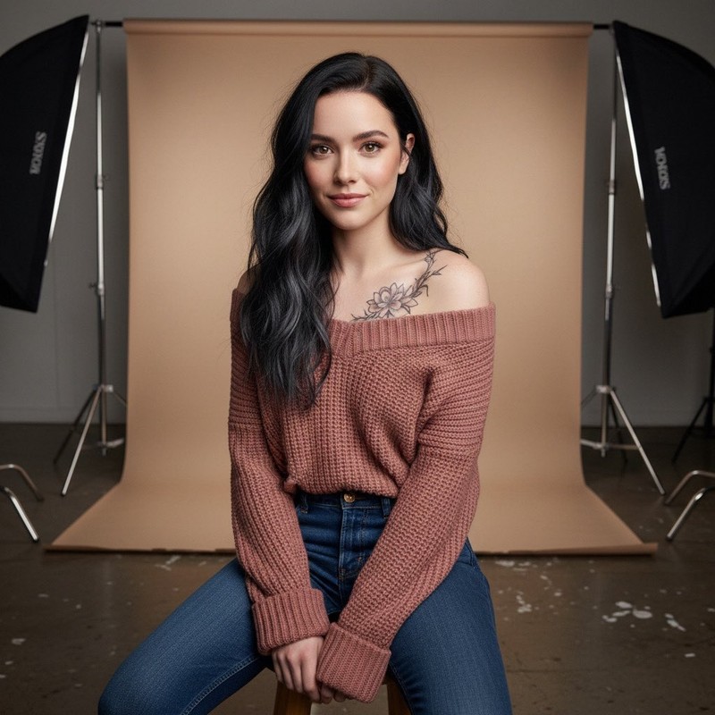 Dusty Rose Knit Sweater Behind-the-Scenes Studio Portrait