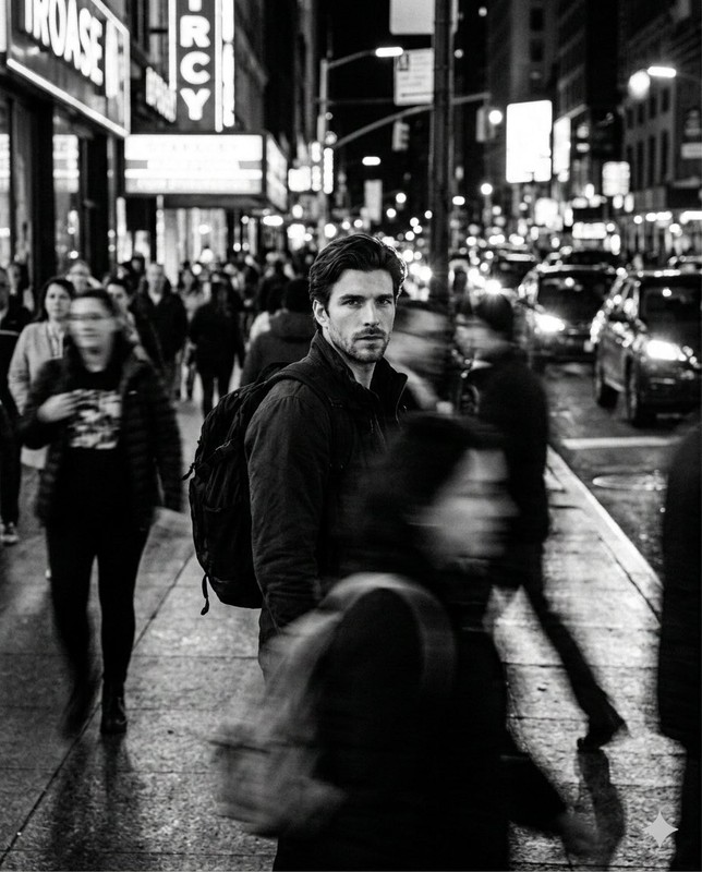 B&W Cinematic Street Portrait with Motion-Blurred Crowd