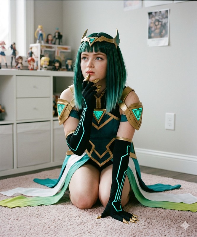 Emerald Sci-Fi Elf Cosplay Kneeling Portrait