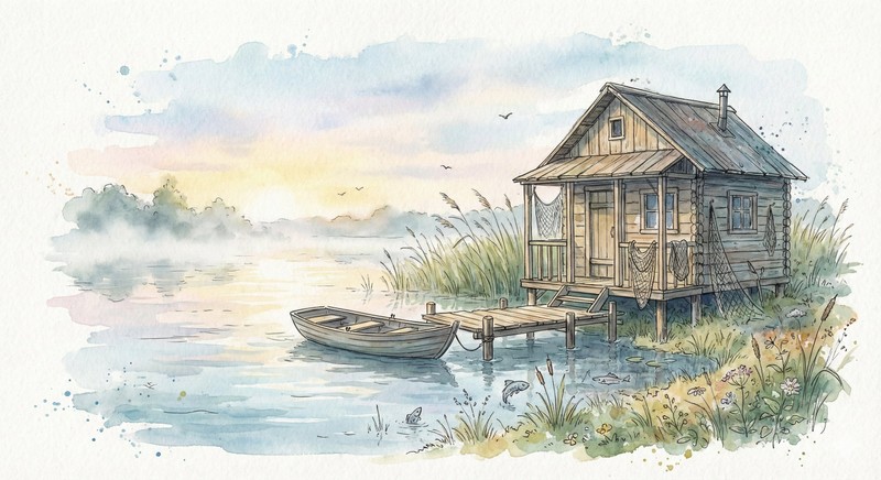 Lakeside Fishing Hut Watercolor Fantasy Illustration