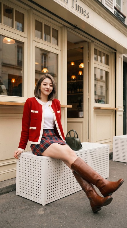 Red Cardigan French Café Street Style OOTD Portrait