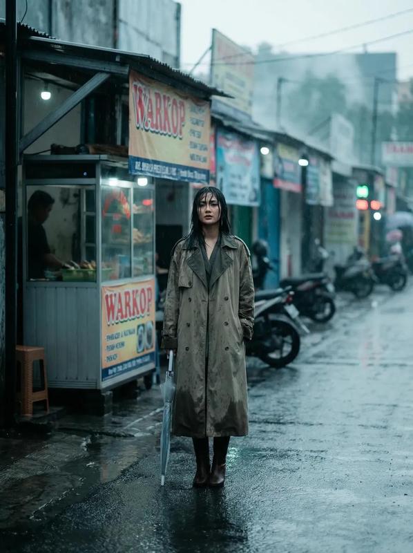 Rainy Street Indonesian Woman Full Body Fashion Editorial