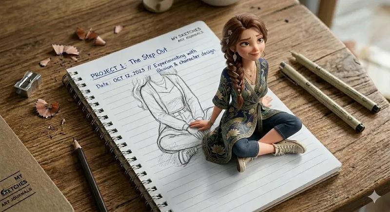 Notebook 3D Pop-Out Girl Illusion Illustration