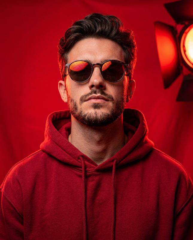 Red Hoodie Sunglasses Studio Bold Presence Portrait