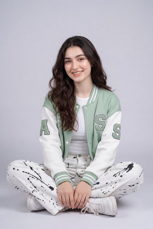 Gray Background Varsity Jacket Cross-Legged Smile Studio Portrait