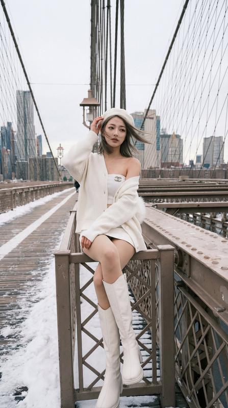 Brooklyn Bridge Winter All-White Outfit Elegant Portrait