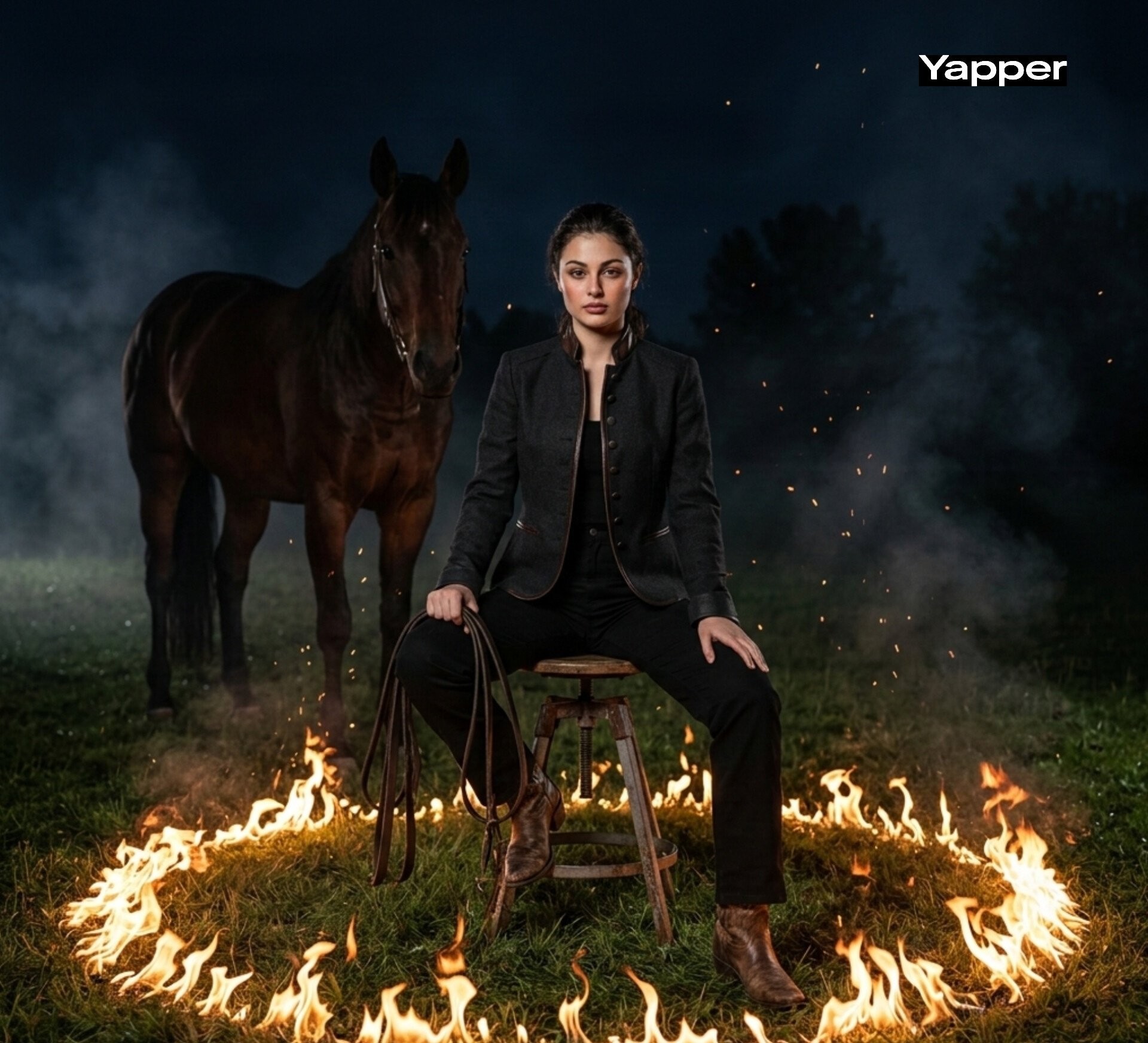 Fire Circle Horse Dark Western Cowgirl Cinematic Portrait