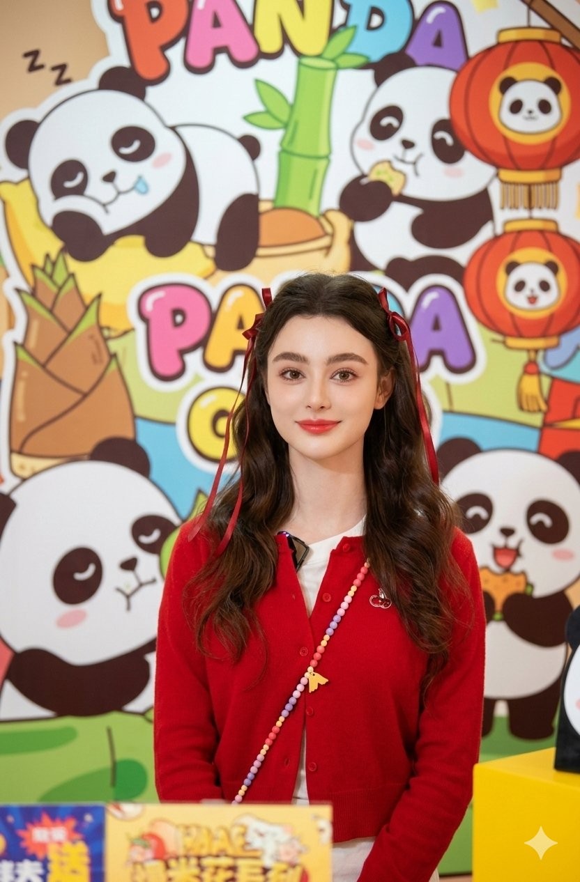 Red Knit Girl Panda Backdrop Cute Portrait