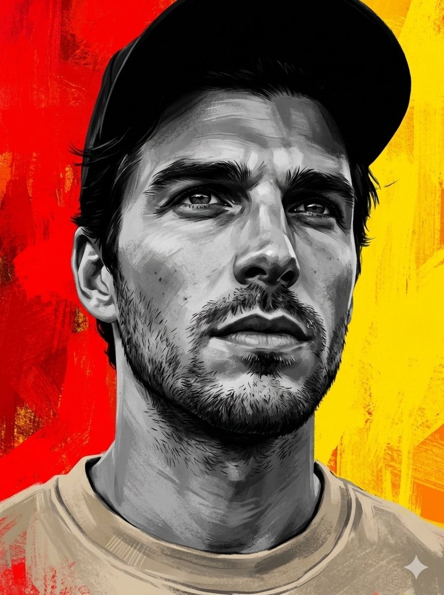 Grayscale Portrait Red Yellow Abstract Brush Poster Style