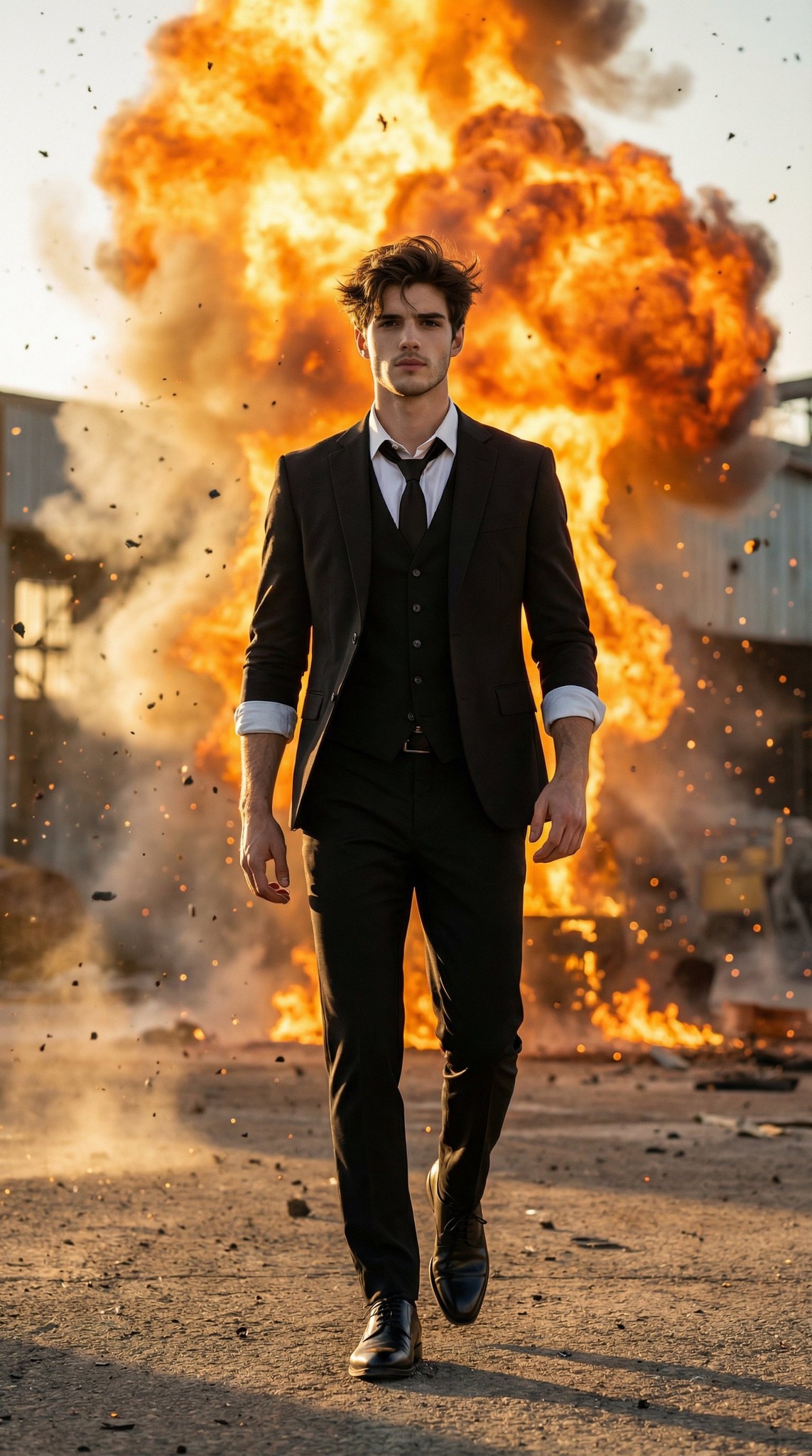 Explosion Scene Suit Cool Walk Cinematic Blockbuster