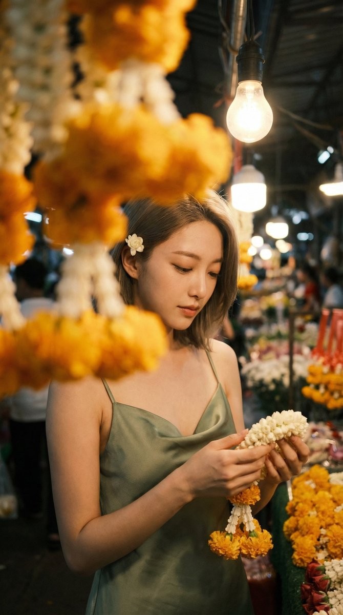 Bangkok Flower Market Jasmine Foreground Bokeh Portrait