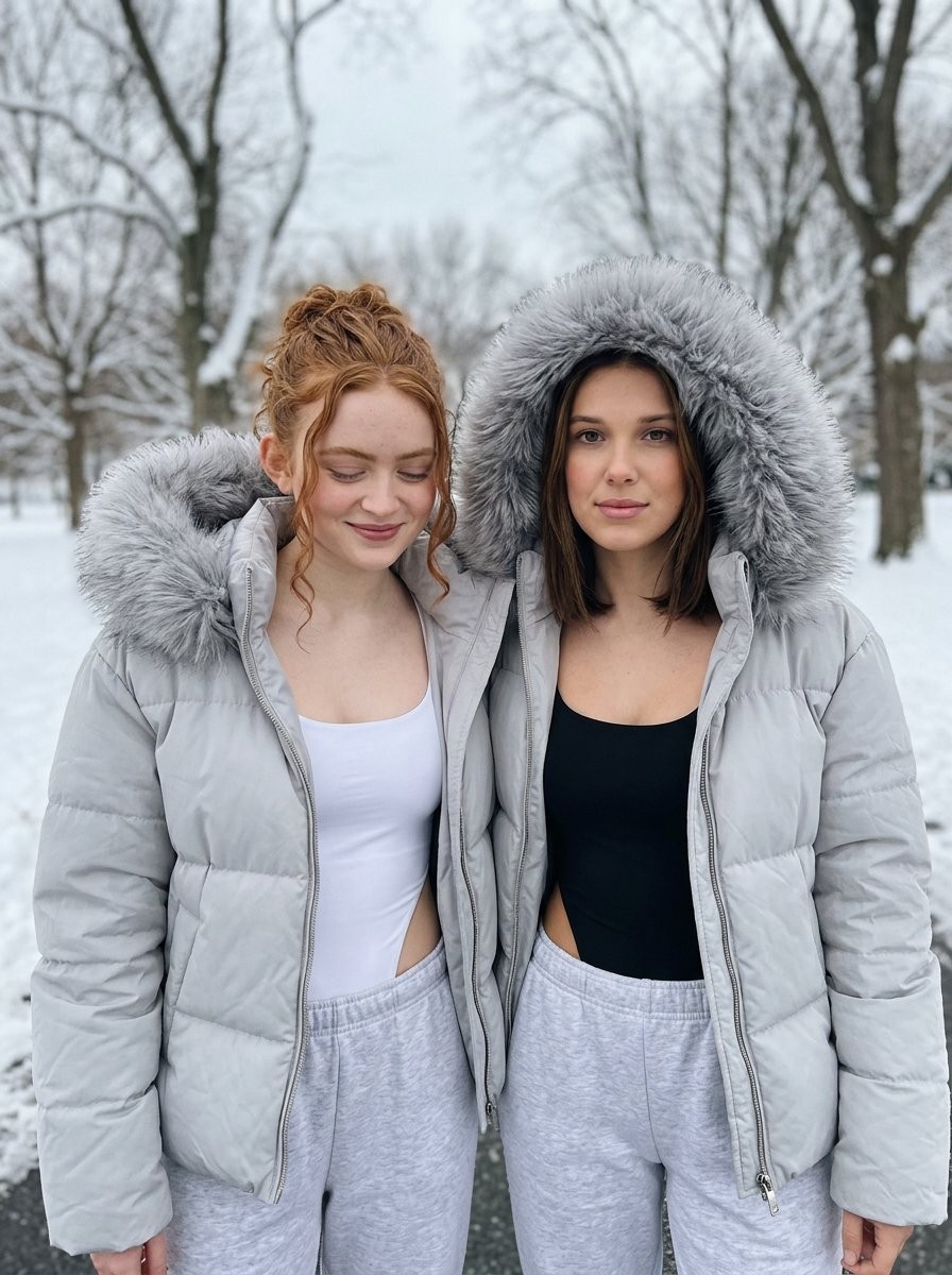 Winter Snow Duo Puffer Jacket Fashion Portrait