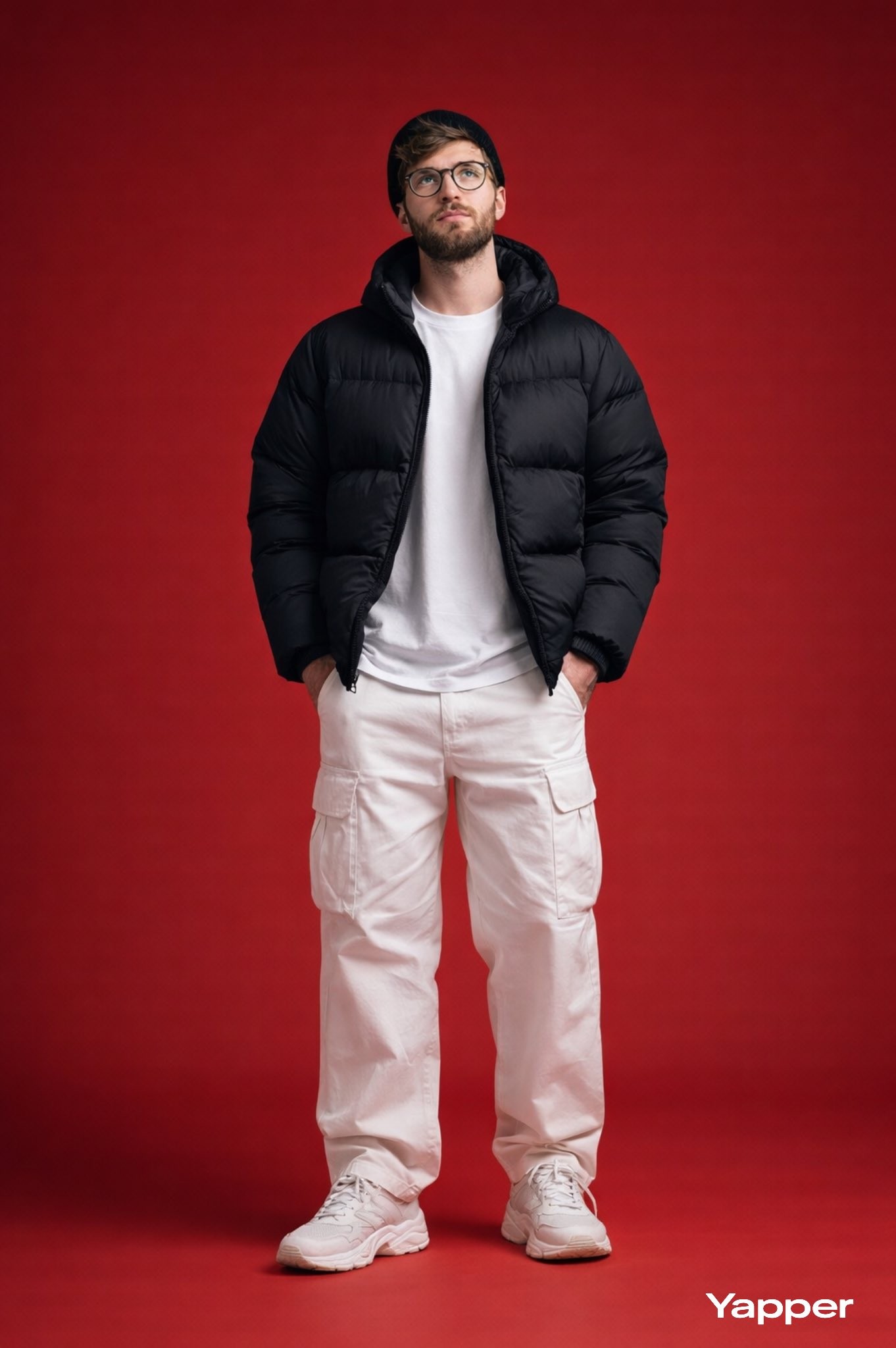 Red Backdrop Street Fashion Male Full Body Portrait