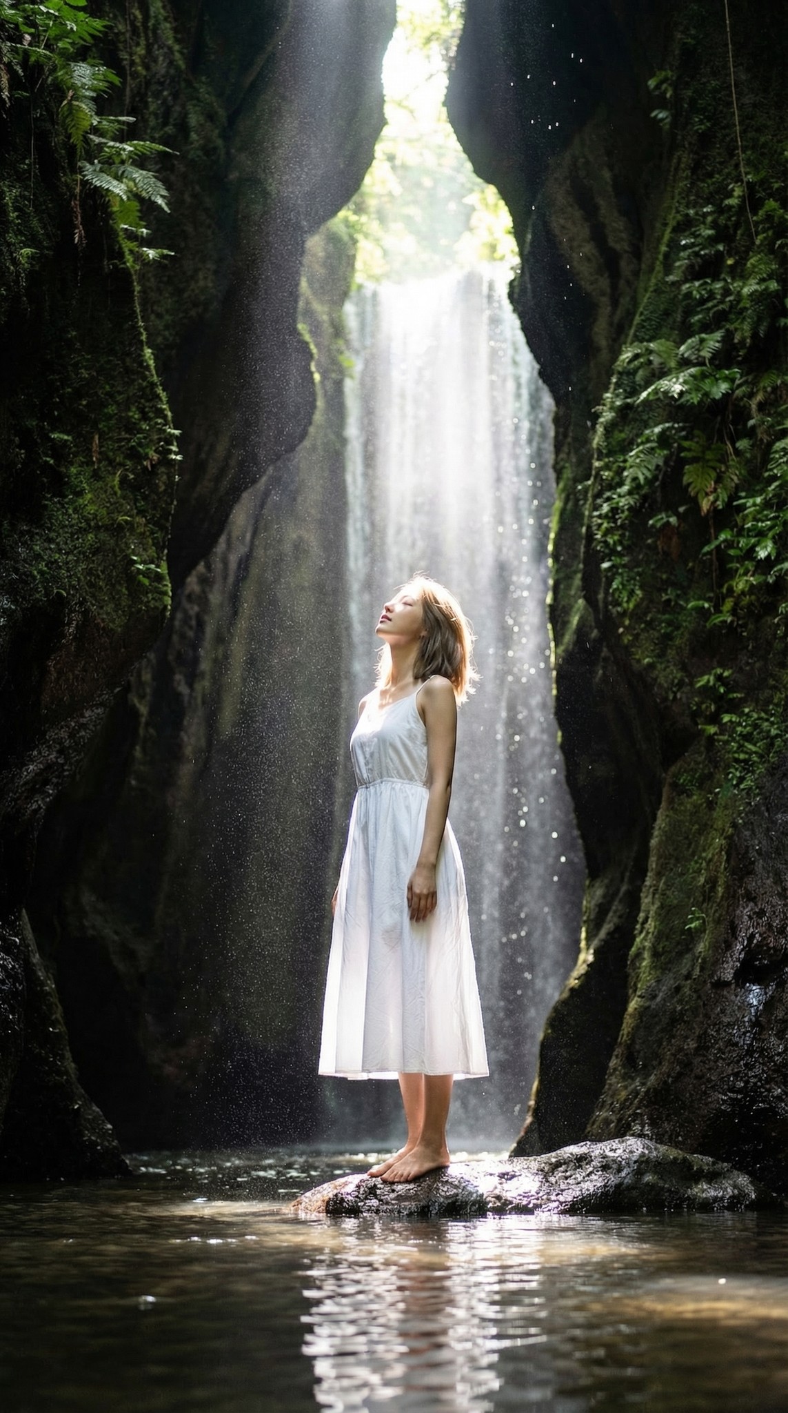Bali Waterfall Cave Cathedral Light Low Angle Portrait