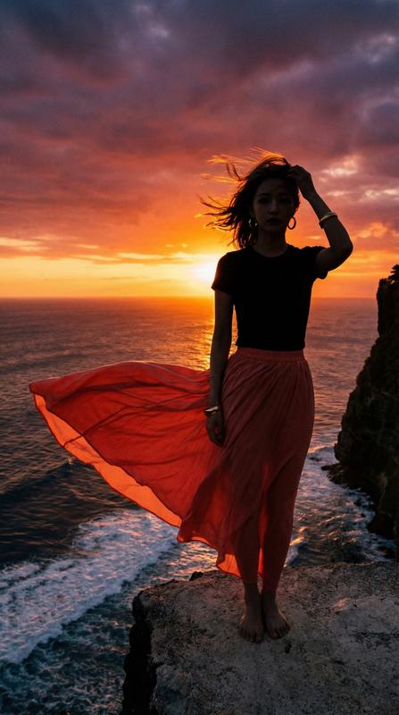 Uluwatu Cliff Sunset Wind-Blown Dress Silhouette