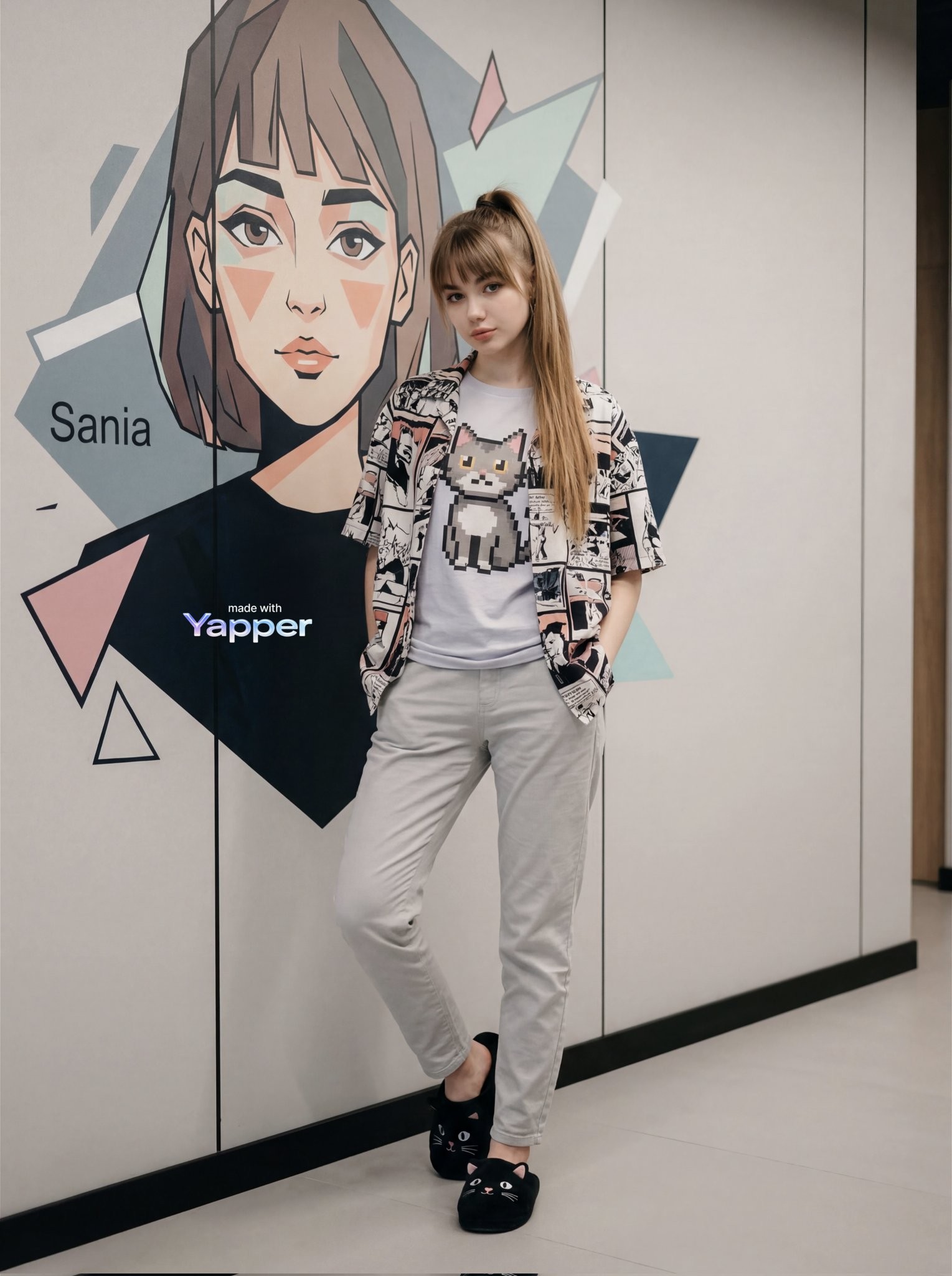 Mural Wall Casual Street Style Full Body Female Portrait