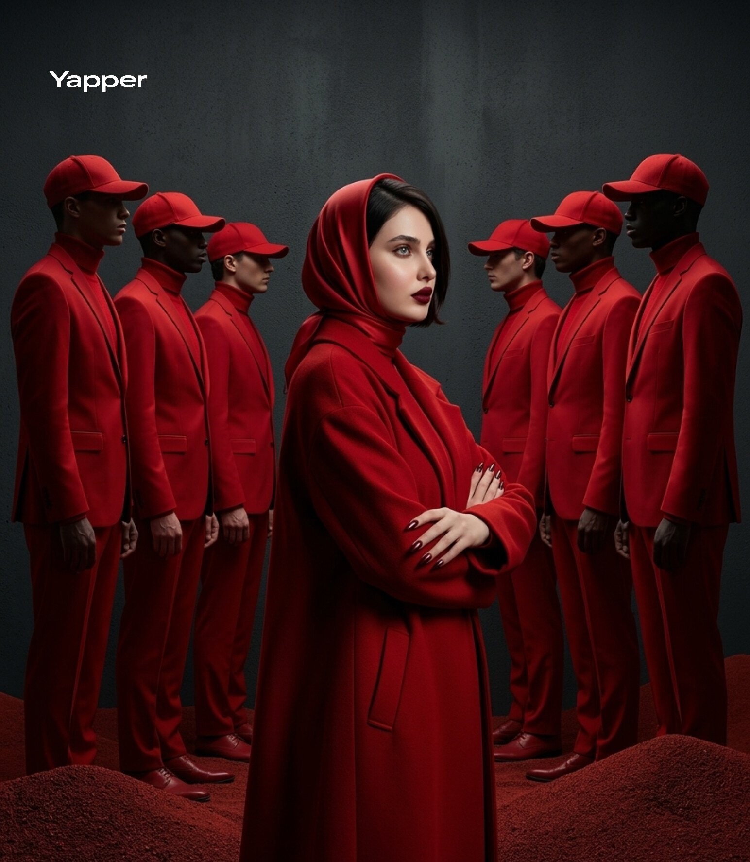 All-Red Surreal Symmetrical High-Fashion Cinematic Scene