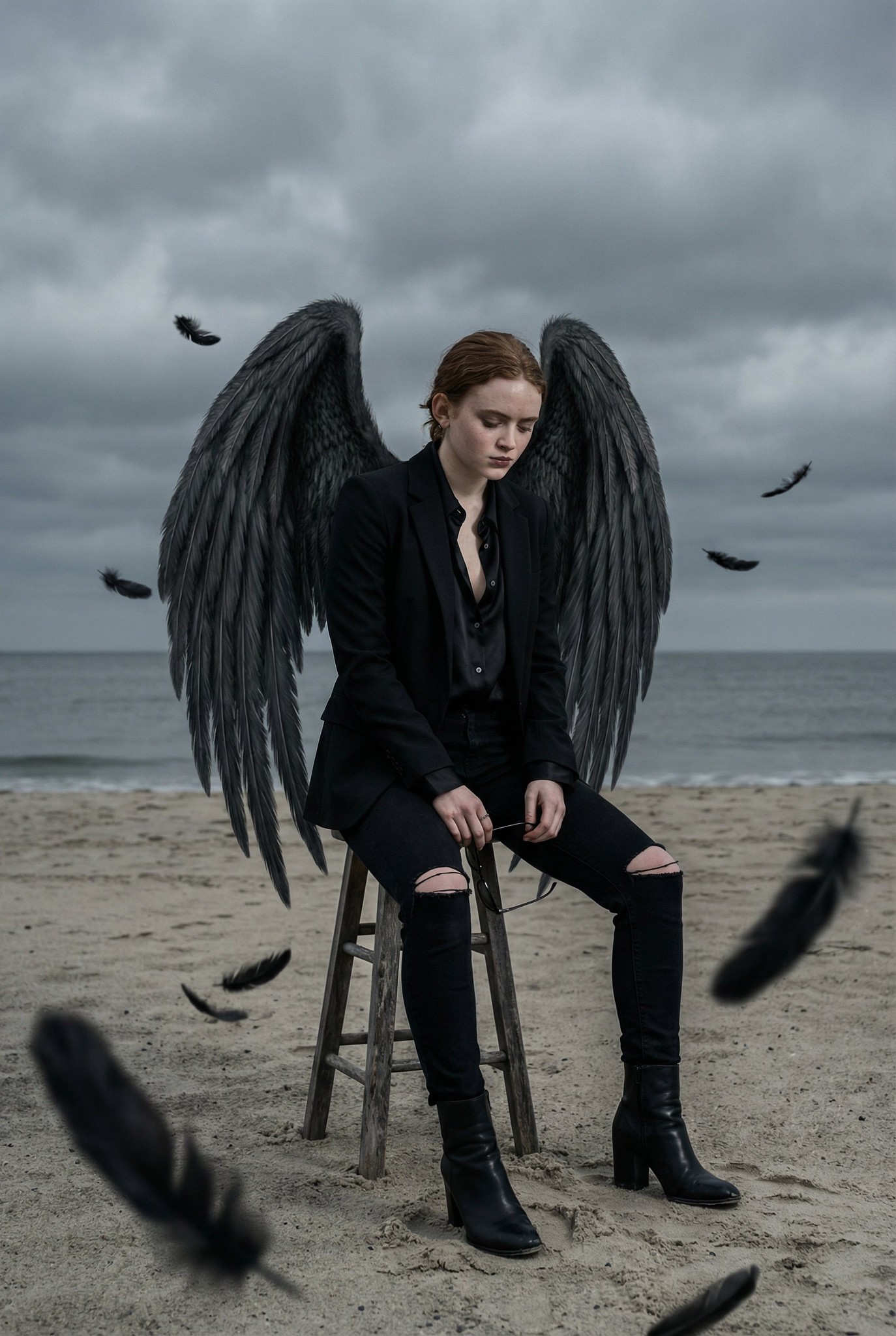 Dark Fallen Angel Beach Black Wings Cinematic Portrait