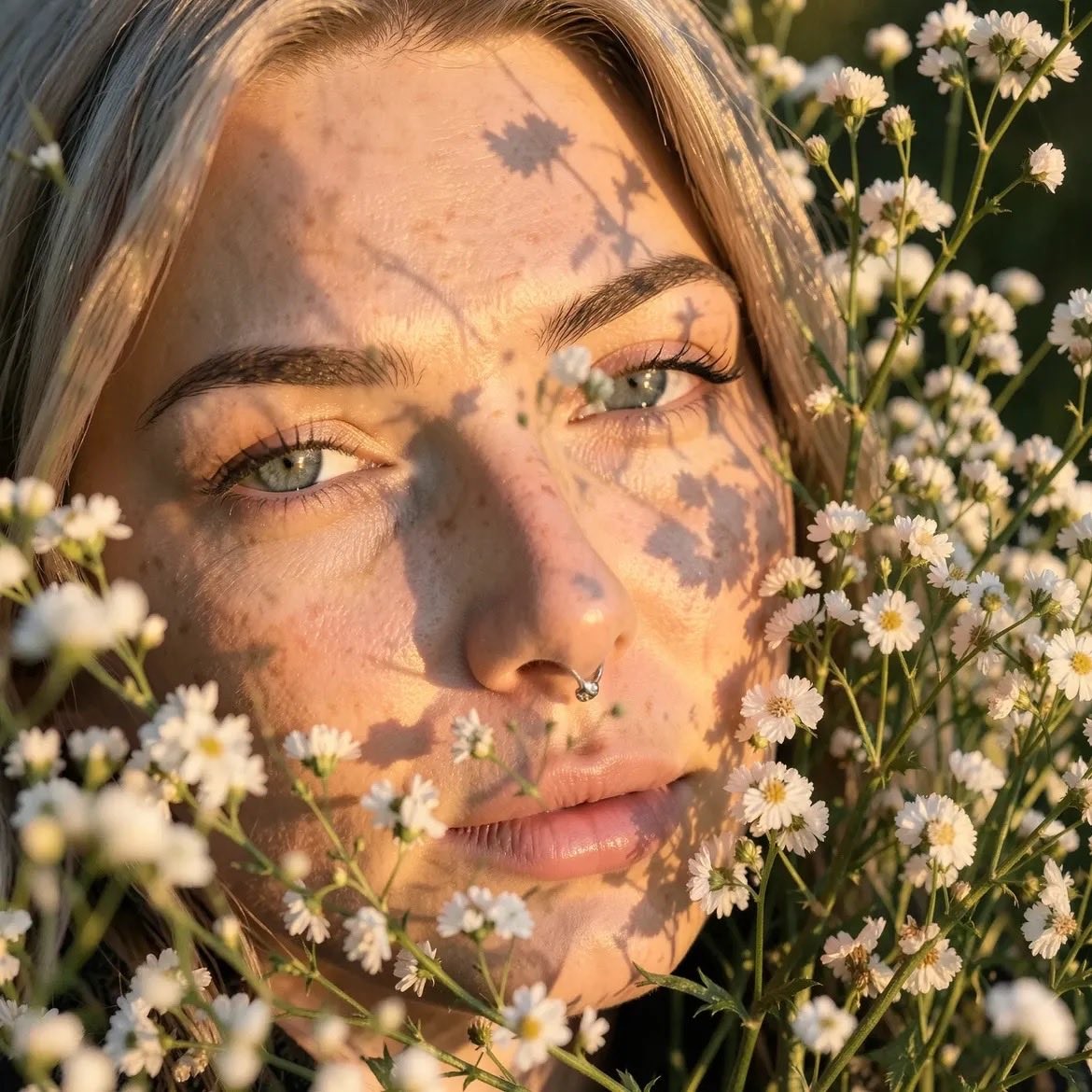 Wildflower Field Golden Hour Freckles Dreamy Close-Up Portrait