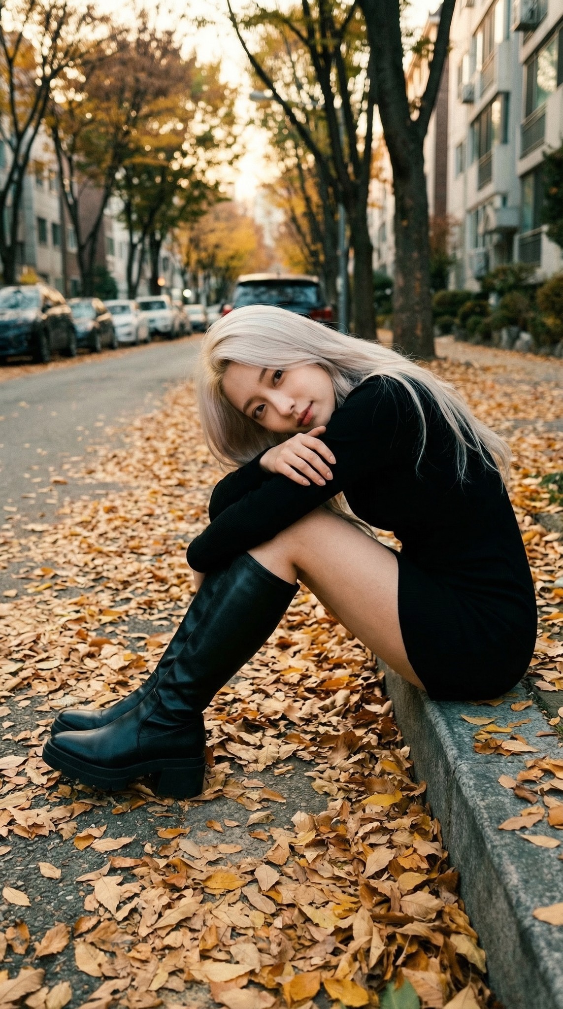 Autumn Fallen Leaves Boulevard Curb Sitting Solitary Portrait