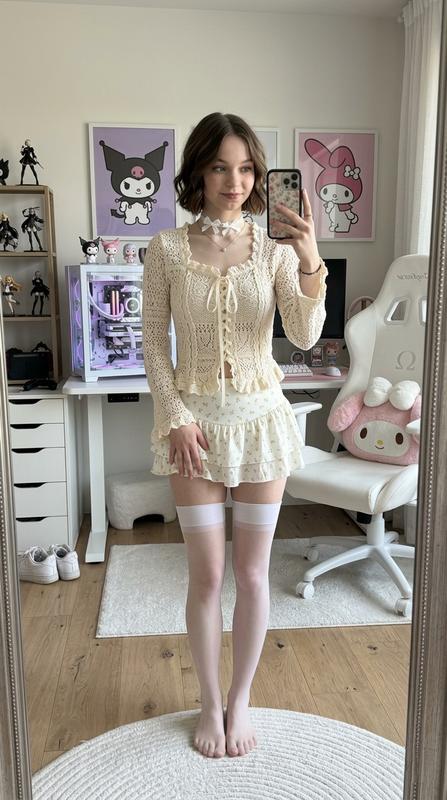 Gamer Bedroom Lace Outfit Full Body Mirror Selfie Portrait